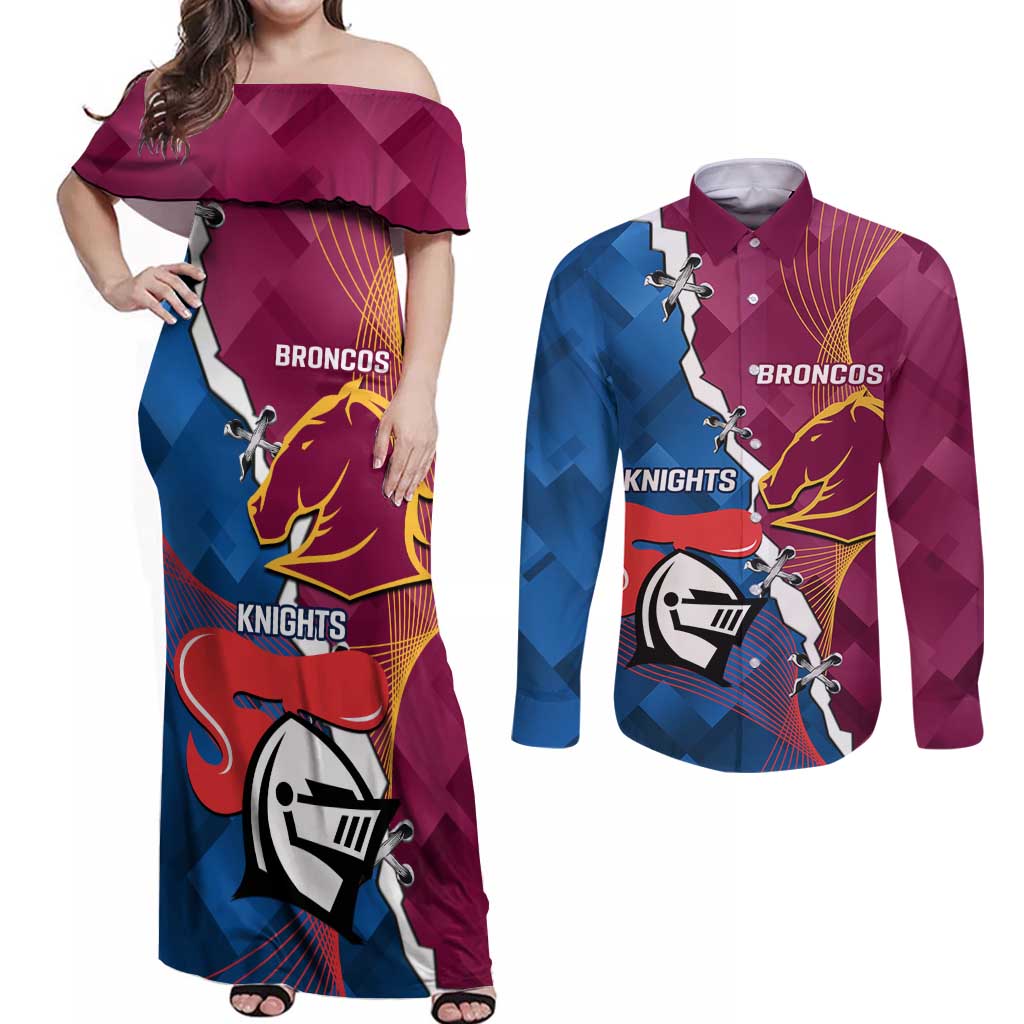 Custom Broncos And Knights Rugby Couples Matching Off Shoulder Maxi Dress and Long Sleeve Button Shirt Dynamic Version