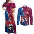 Custom Broncos And Knights Rugby Couples Matching Off Shoulder Maxi Dress and Long Sleeve Button Shirt Dynamic Version