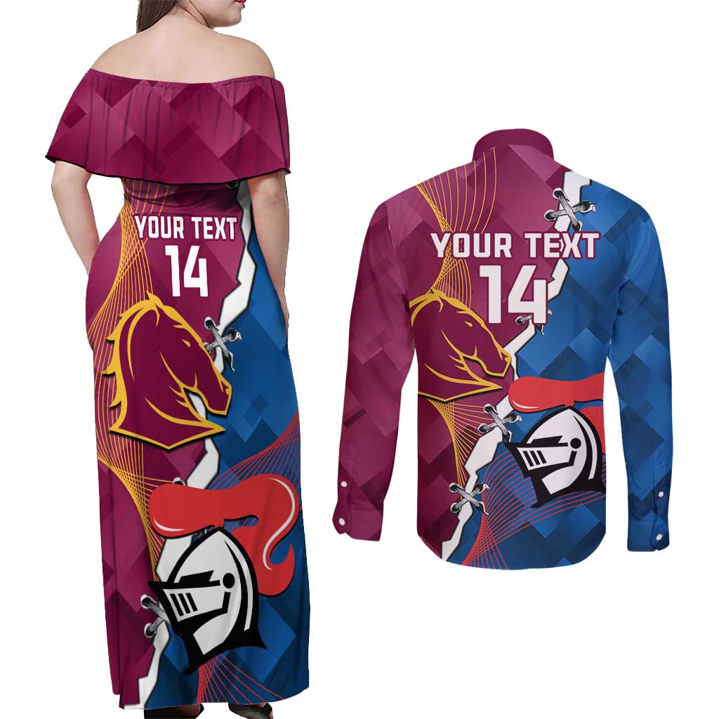 Custom Broncos And Knights Rugby Couples Matching Off Shoulder Maxi Dress and Long Sleeve Button Shirt Dynamic Version