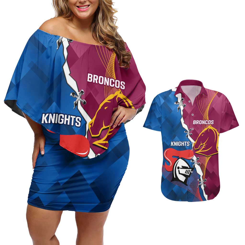Custom Broncos And Knights Rugby Couples Matching Off Shoulder Short Dress and Hawaiian Shirt Dynamic Version
