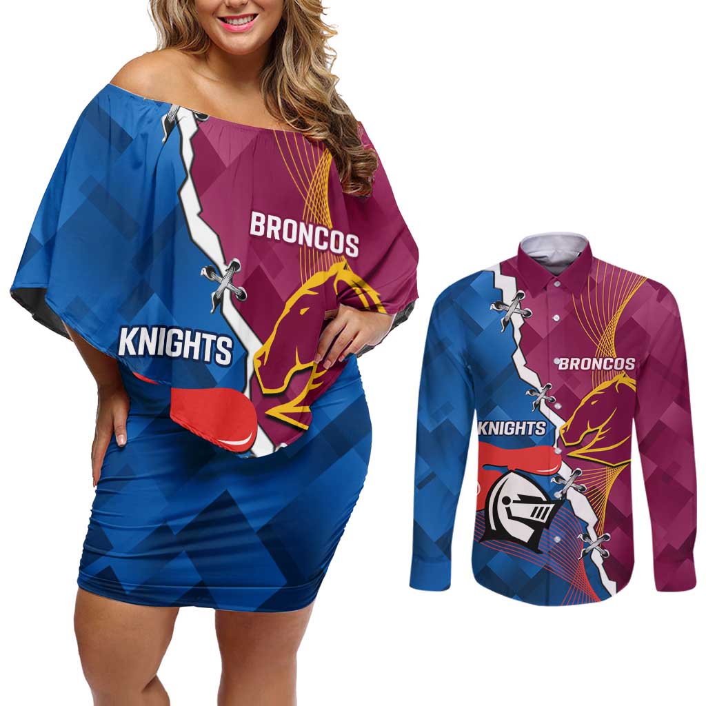 Custom Broncos And Knights Rugby Couples Matching Off Shoulder Short Dress and Long Sleeve Button Shirt Dynamic Version