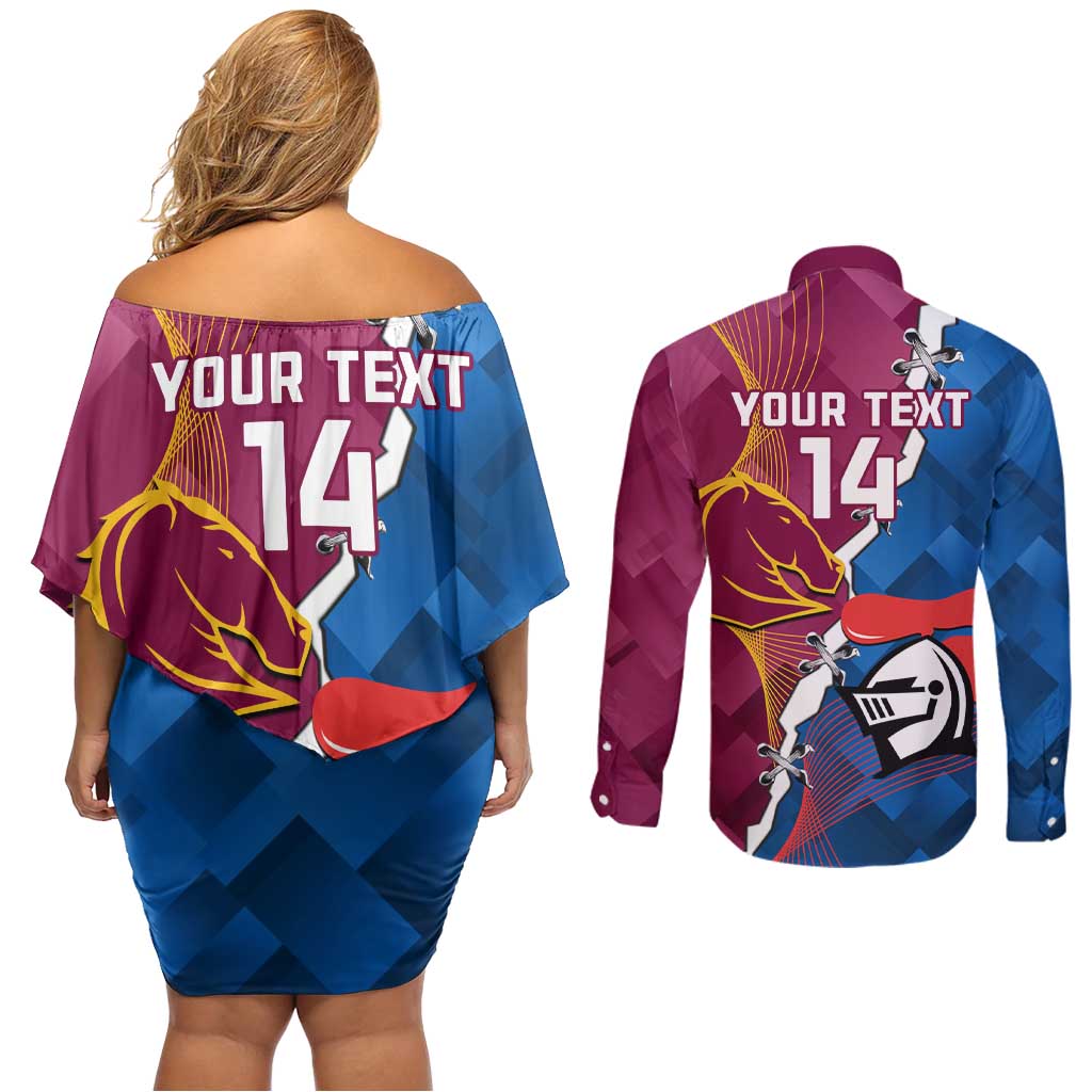 Custom Broncos And Knights Rugby Couples Matching Off Shoulder Short Dress and Long Sleeve Button Shirt Dynamic Version