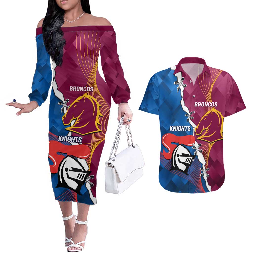Custom Broncos And Knights Rugby Couples Matching Off The Shoulder Long Sleeve Dress and Hawaiian Shirt Dynamic Version