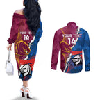 Custom Broncos And Knights Rugby Couples Matching Off The Shoulder Long Sleeve Dress and Long Sleeve Button Shirt Dynamic Version
