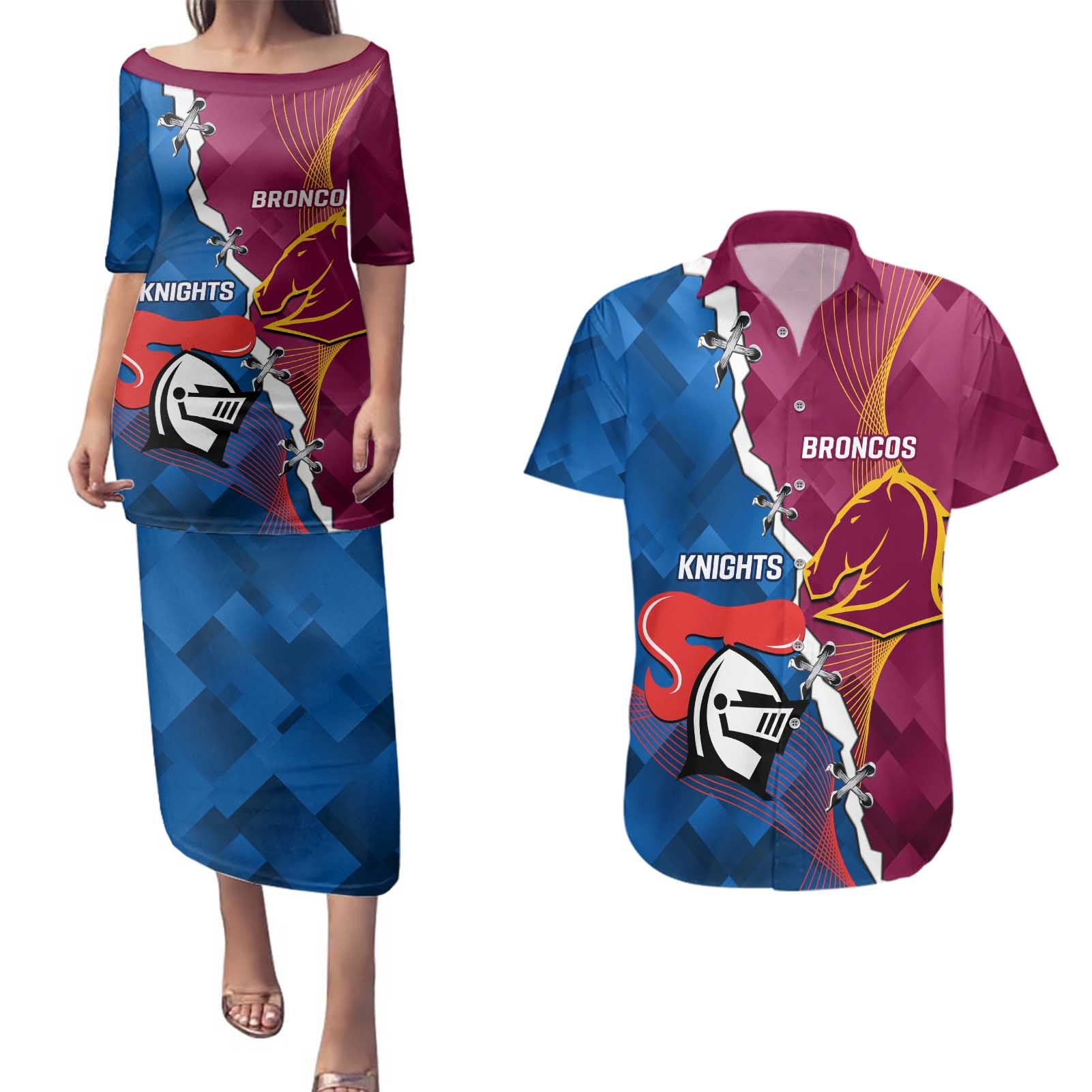 Custom Broncos And Knights Rugby Couples Matching Puletasi and Hawaiian Shirt Dynamic Version