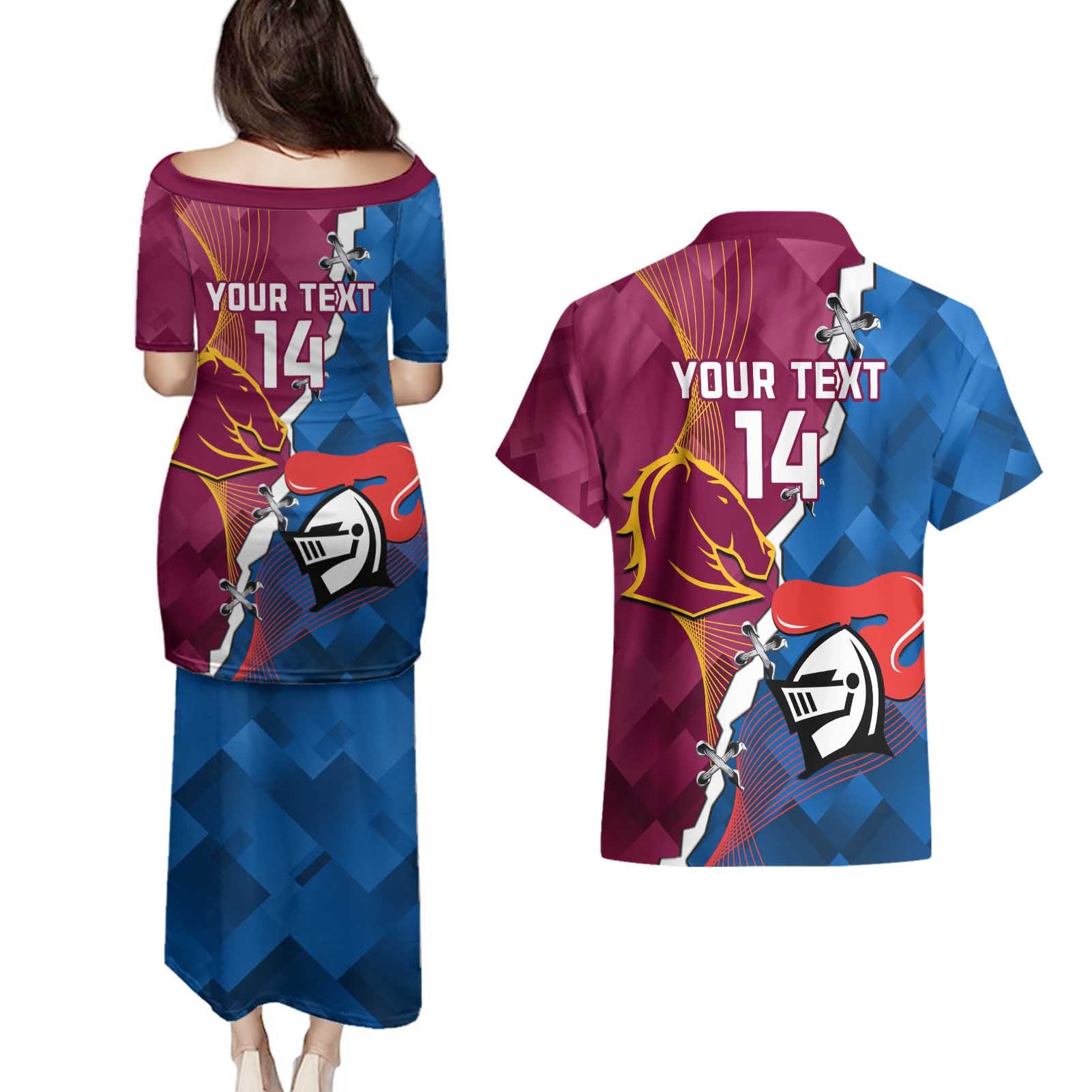 Custom Broncos And Knights Rugby Couples Matching Puletasi and Hawaiian Shirt Dynamic Version