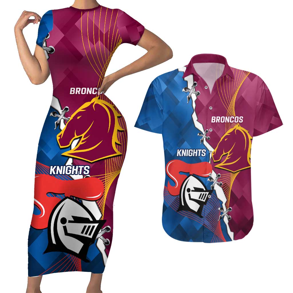 Custom Broncos And Knights Rugby Couples Matching Short Sleeve Bodycon Dress and Hawaiian Shirt Dynamic Version