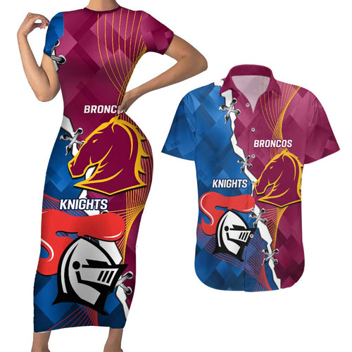 Custom Broncos And Knights Rugby Couples Matching Short Sleeve Bodycon Dress and Hawaiian Shirt Dynamic Version