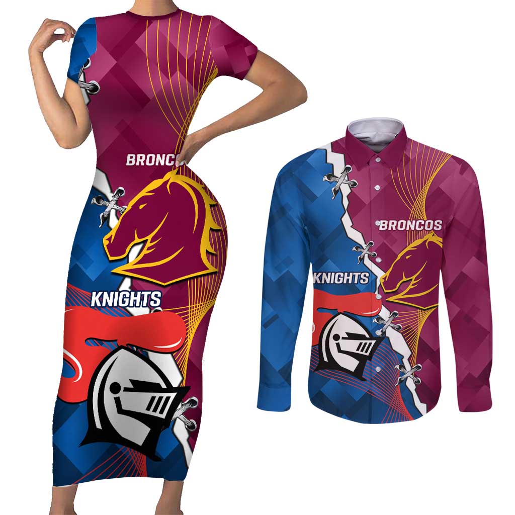 Custom Broncos And Knights Rugby Couples Matching Short Sleeve Bodycon Dress and Long Sleeve Button Shirt Dynamic Version