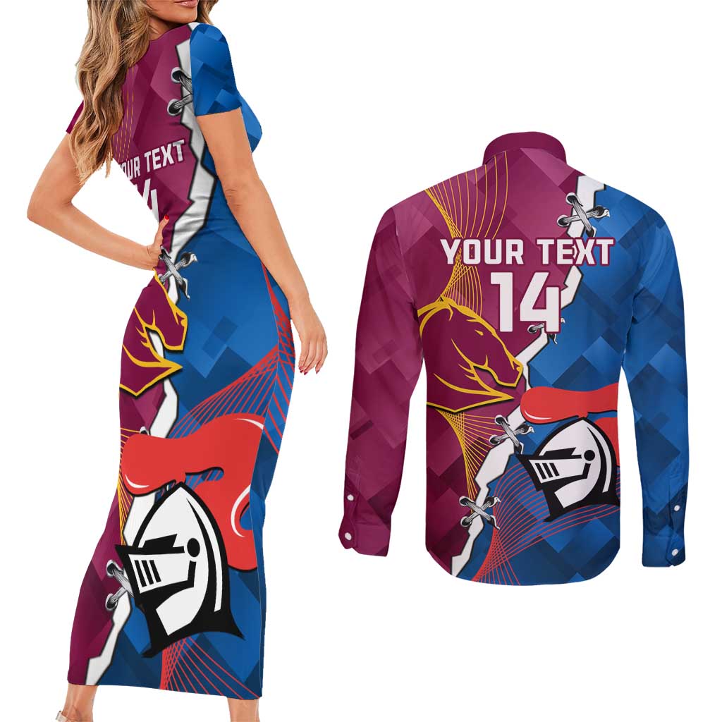 Custom Broncos And Knights Rugby Couples Matching Short Sleeve Bodycon Dress and Long Sleeve Button Shirt Dynamic Version