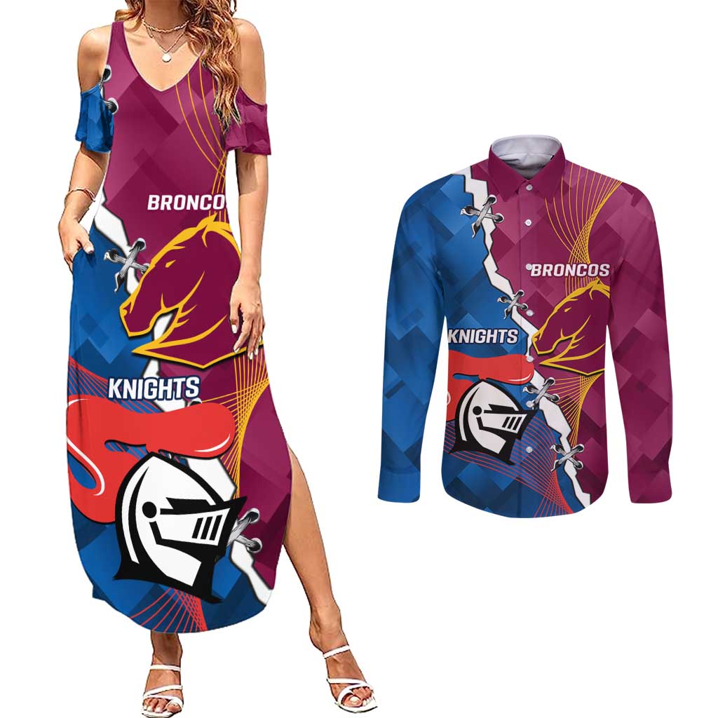 Custom Broncos And Knights Rugby Couples Matching Summer Maxi Dress and Long Sleeve Button Shirt Dynamic Version