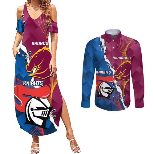 Custom Broncos And Knights Rugby Couples Matching Summer Maxi Dress and Long Sleeve Button Shirt Dynamic Version