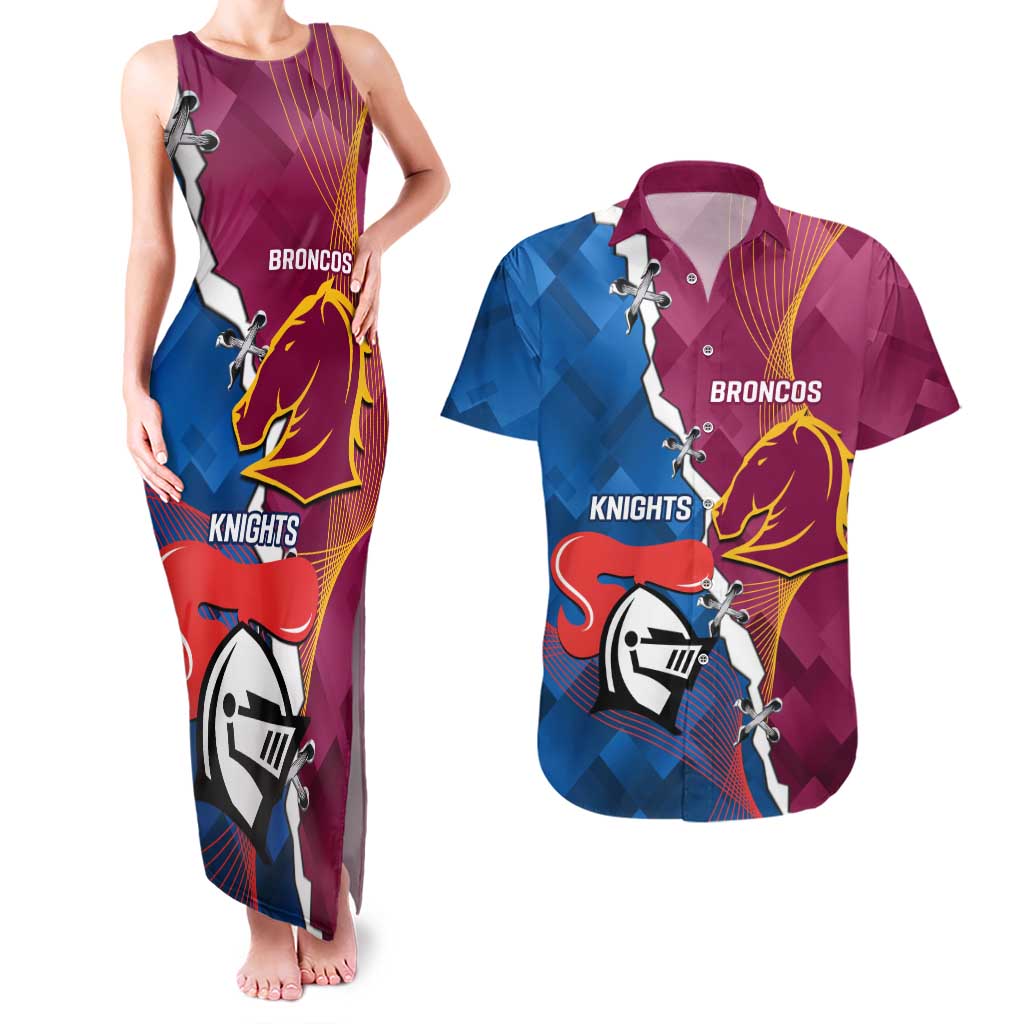 Custom Broncos And Knights Rugby Couples Matching Tank Maxi Dress and Hawaiian Shirt Dynamic Version