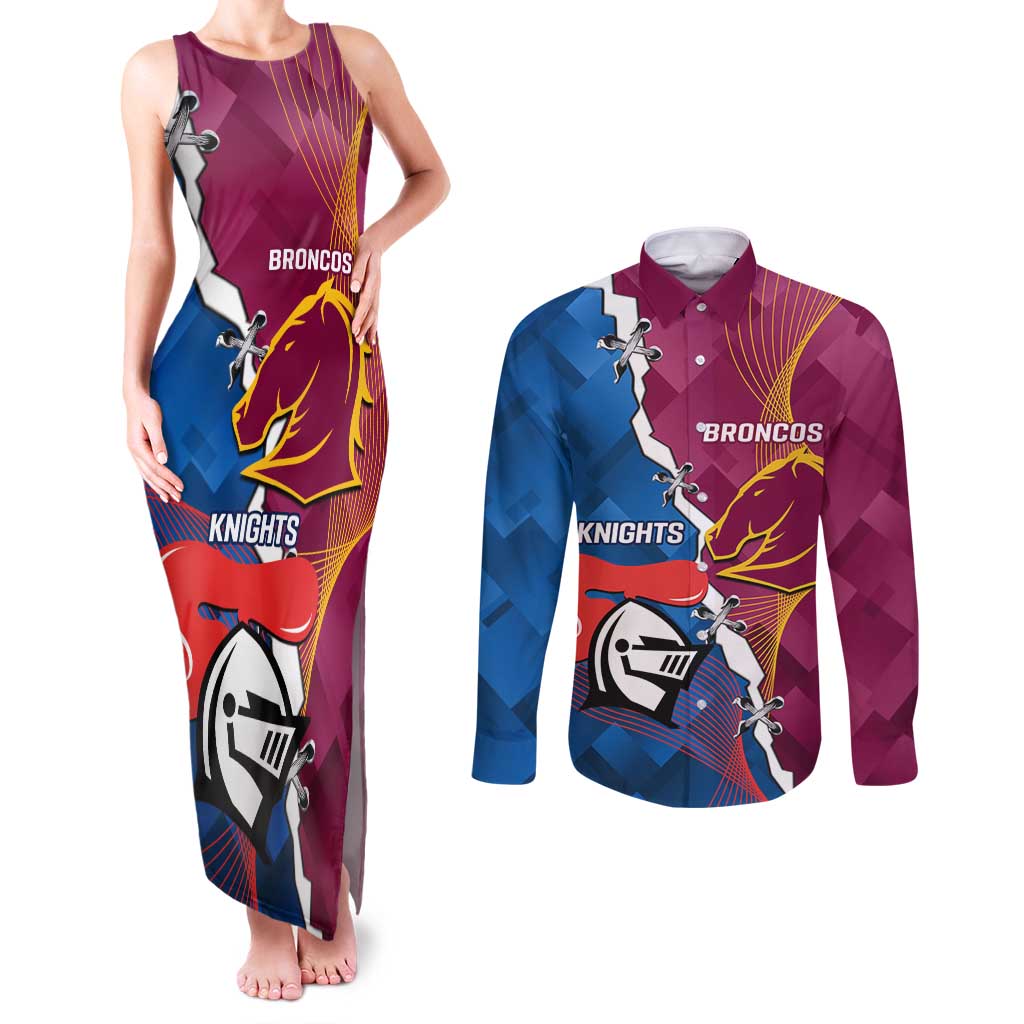 Custom Broncos And Knights Rugby Couples Matching Tank Maxi Dress and Long Sleeve Button Shirt Dynamic Version