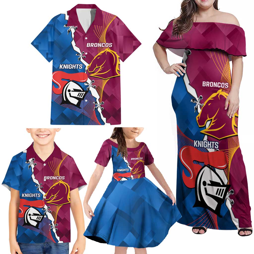 Custom Broncos And Knights Rugby Family Matching Off Shoulder Maxi Dress and Hawaiian Shirt Dynamic Version