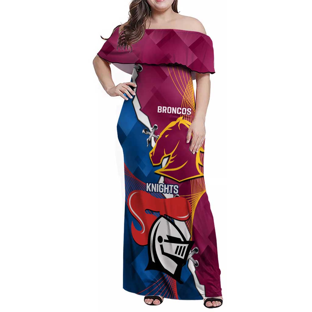 Custom Broncos And Knights Rugby Family Matching Off Shoulder Maxi Dress and Hawaiian Shirt Dynamic Version