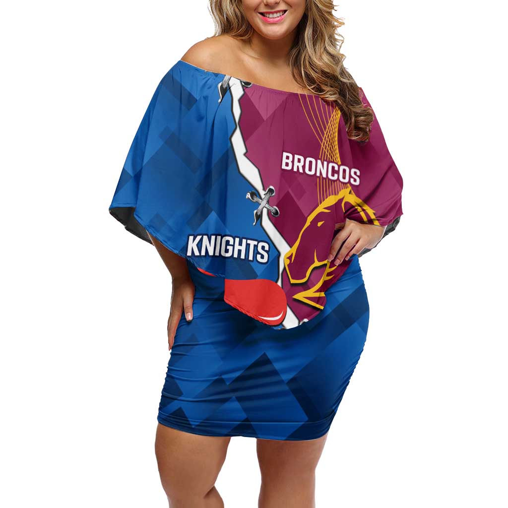 Custom Broncos And Knights Rugby Family Matching Off Shoulder Short Dress and Hawaiian Shirt Dynamic Version