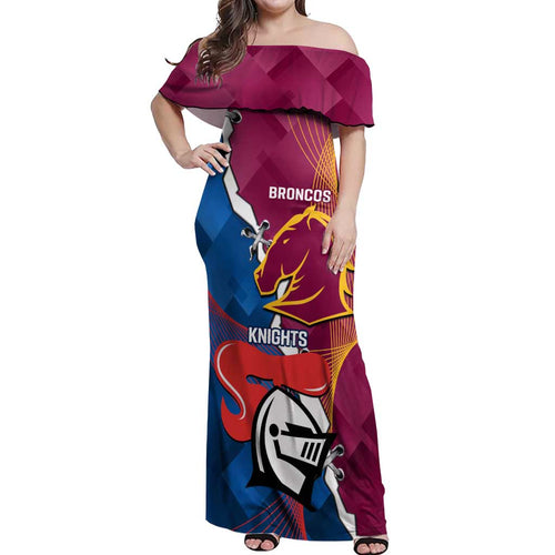 Custom Broncos And Knights Rugby Off Shoulder Maxi Dress Dynamic Version