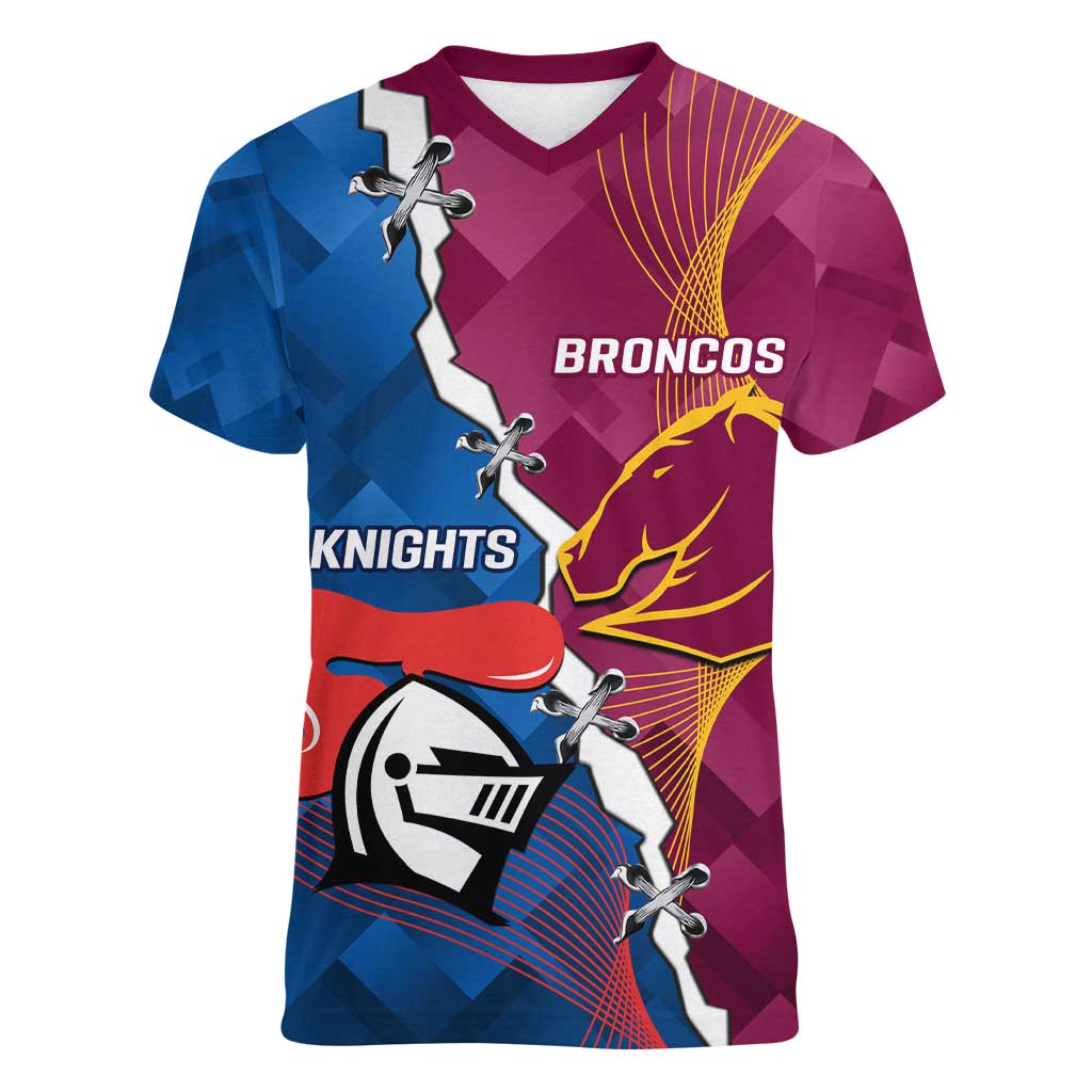 Custom Broncos And Knights Rugby Women V-Neck T-Shirt Dynamic Version