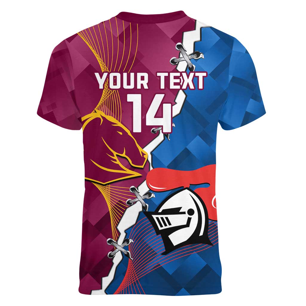Custom Broncos And Knights Rugby Women V-Neck T-Shirt Dynamic Version