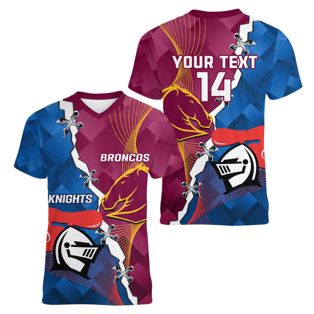 Custom Broncos And Knights Rugby Women V-Neck T-Shirt Dynamic Version