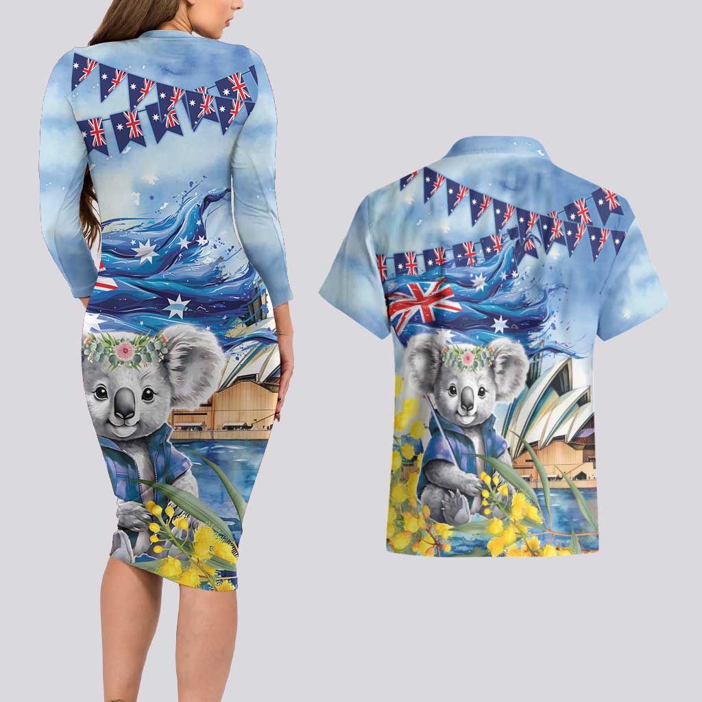 Koala Australia Day Couples Matching Long Sleeve Bodycon Dress and Hawaiian Shirt Proud Aussie Sydney Opera House