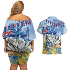 Koala Australia Day Couples Matching Off Shoulder Short Dress and Hawaiian Shirt Proud Aussie Sydney Opera House