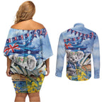 Koala Australia Day Couples Matching Off Shoulder Short Dress and Long Sleeve Button Shirt Proud Aussie Sydney Opera House