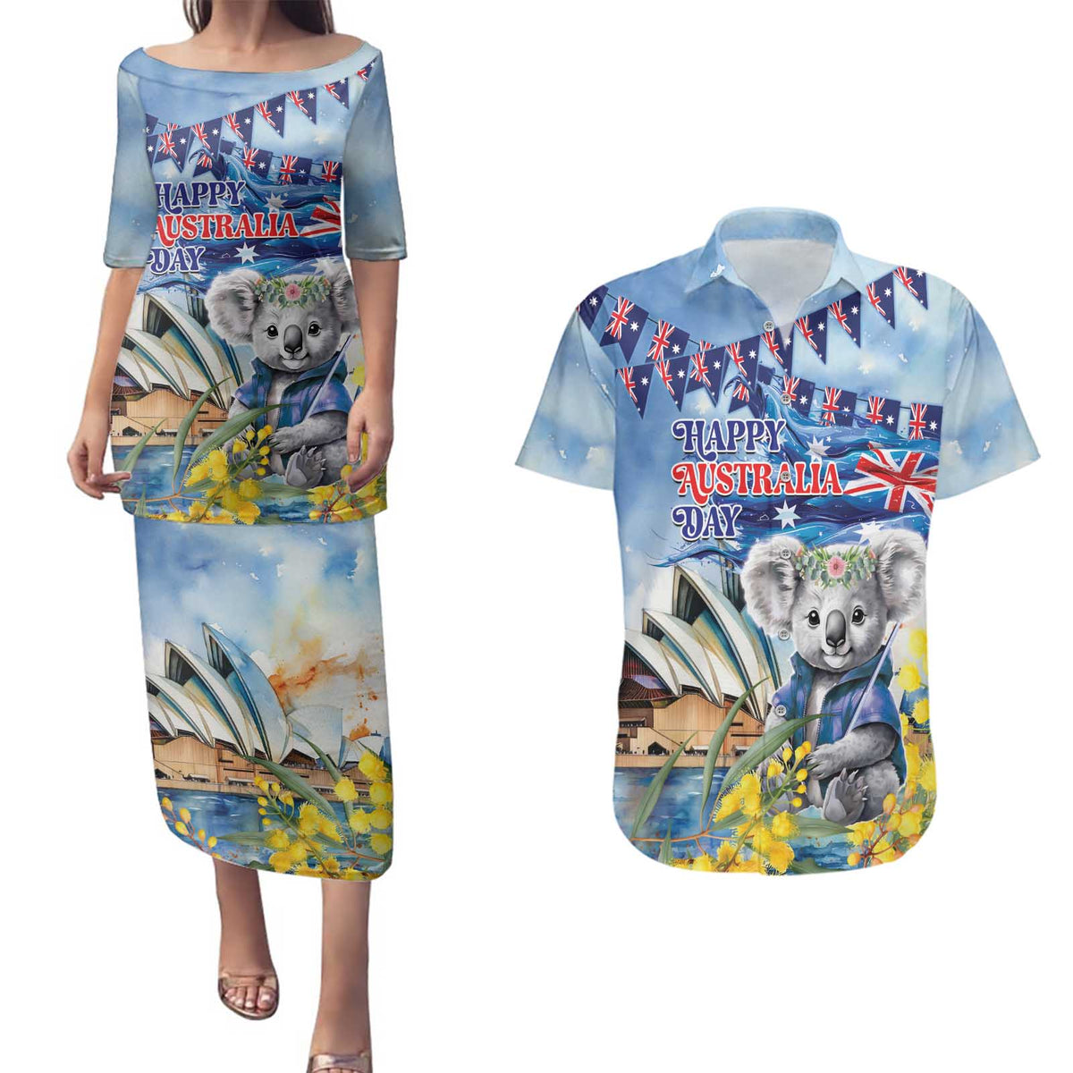 Koala Australia Day Couples Matching Puletasi and Hawaiian Shirt Proud Aussie Sydney Opera House