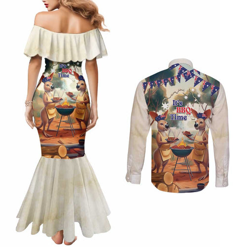 Kangaroos Australia Day Couples Matching Mermaid Dress and Long Sleeve Button Shirt It's Barbecue Time