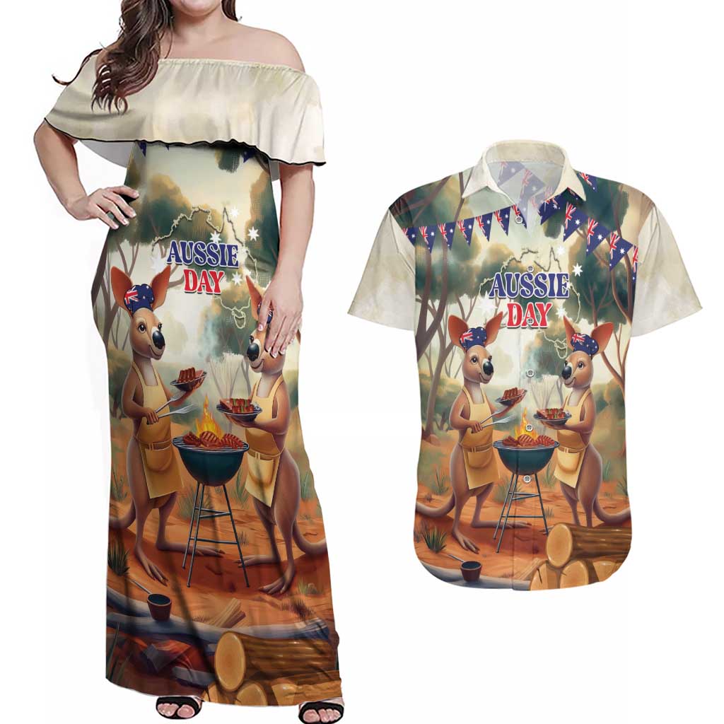 Kangaroos Australia Day Couples Matching Off Shoulder Maxi Dress and Hawaiian Shirt It's Barbecue Time