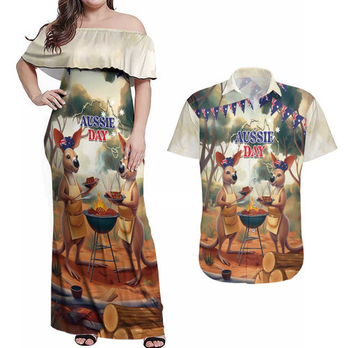 Kangaroos Australia Day Couples Matching Off Shoulder Maxi Dress and Hawaiian Shirt It's Barbecue Time