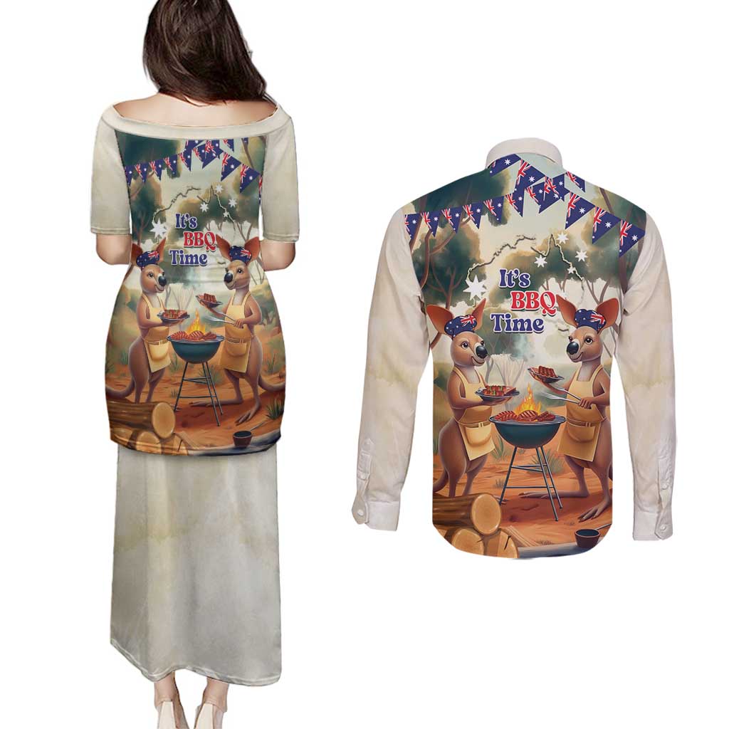 Kangaroos Australia Day Couples Matching Puletasi and Long Sleeve Button Shirt It's Barbecue Time