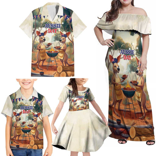 Kangaroos Australia Day Family Matching Off Shoulder Maxi Dress and Hawaiian Shirt It's Barbecue Time
