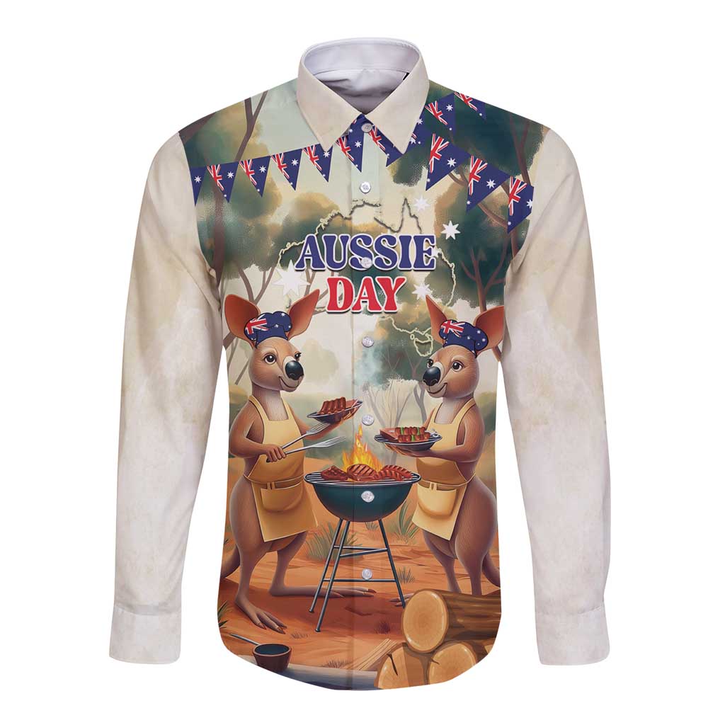 Kangaroos Australia Day Long Sleeve Button Shirt It's Barbecue Time