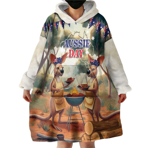 Kangaroos Australia Day Wearable Blanket Hoodie It's Barbecue Time