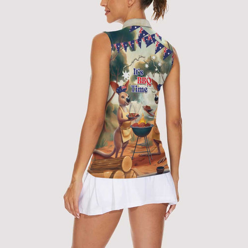 Kangaroos Australia Day Women Sleeveless Polo Shirt It's Barbecue Time