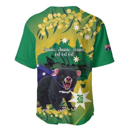 Tasimania Devil Australia Day Baseball Jersey Aussie Aussie Aussie Oi! Oi! Oi! - Green