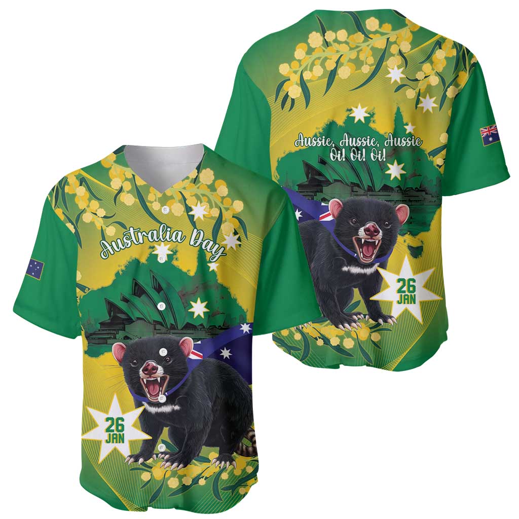 Tasimania Devil Australia Day Baseball Jersey Aussie Aussie Aussie Oi! Oi! Oi! - Green