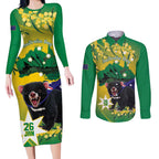 Tasimania Devil Australia Day Couples Matching Long Sleeve Bodycon Dress and Long Sleeve Button Shirt Aussie Aussie Aussie Oi! Oi! Oi! - Green