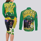 Tasimania Devil Australia Day Couples Matching Long Sleeve Bodycon Dress and Long Sleeve Button Shirt Aussie Aussie Aussie Oi! Oi! Oi! - Green