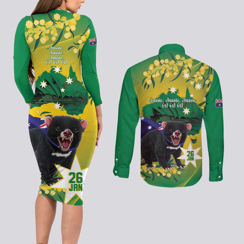 Tasimania Devil Australia Day Couples Matching Long Sleeve Bodycon Dress and Long Sleeve Button Shirt Aussie Aussie Aussie Oi! Oi! Oi! - Green