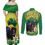 Tasimania Devil Australia Day Couples Matching Off Shoulder Maxi Dress and Long Sleeve Button Shirt Aussie Aussie Aussie Oi! Oi! Oi! - Green