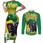 Tasimania Devil Australia Day Couples Matching Short Sleeve Bodycon Dress and Long Sleeve Button Shirt Aussie Aussie Aussie Oi! Oi! Oi! - Green