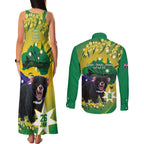 Tasimania Devil Australia Day Couples Matching Tank Maxi Dress and Long Sleeve Button Shirt Aussie Aussie Aussie Oi! Oi! Oi! - Green