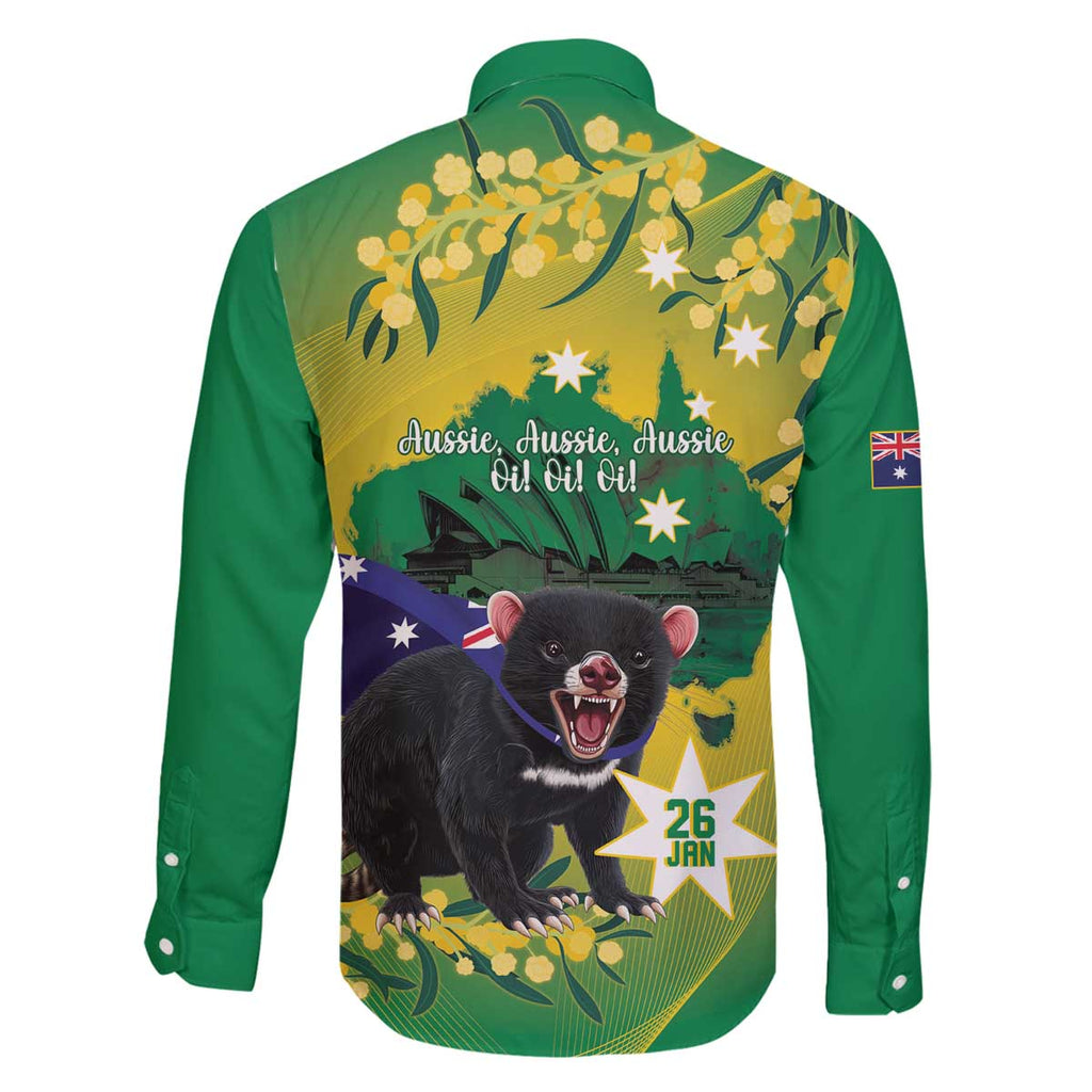 Tasimania Devil Australia Day Family Matching Off The Shoulder Long Sleeve Dress and Hawaiian Shirt Aussie Aussie Aussie Oi! Oi! Oi! - Green