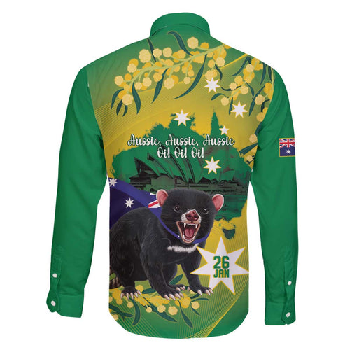 Tasimania Devil Australia Day Family Matching Off The Shoulder Long Sleeve Dress and Hawaiian Shirt Aussie Aussie Aussie Oi! Oi! Oi! - Green