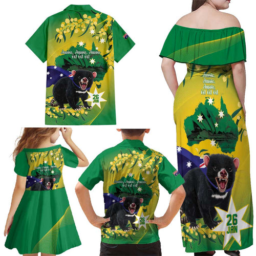 Tasimania Devil Australia Day Family Matching Off Shoulder Maxi Dress and Hawaiian Shirt Aussie Aussie Aussie Oi! Oi! Oi! - Green