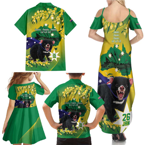 Tasimania Devil Australia Day Family Matching Summer Maxi Dress and Hawaiian Shirt Aussie Aussie Aussie Oi! Oi! Oi! - Green