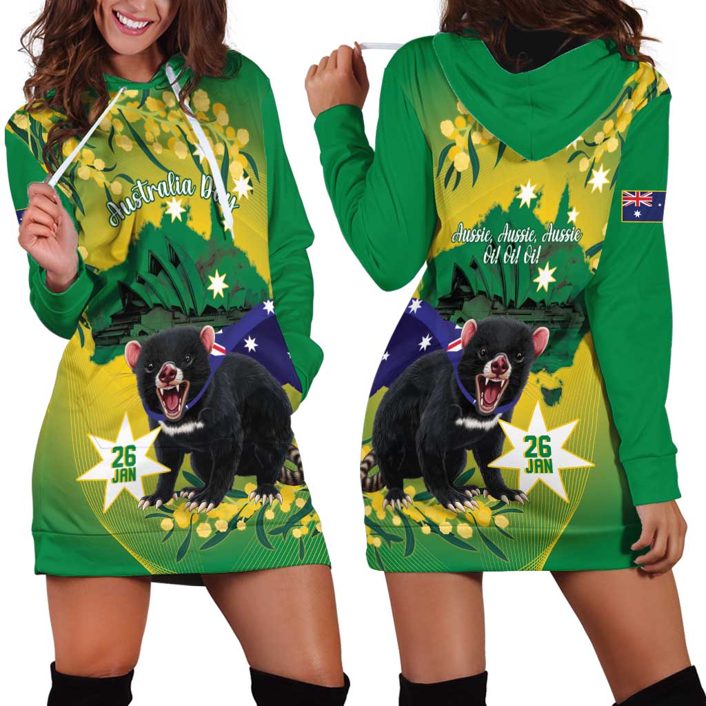 Tasimania Devil Australia Day Hoodie Dress Aussie Aussie Aussie Oi! Oi! Oi! - Green